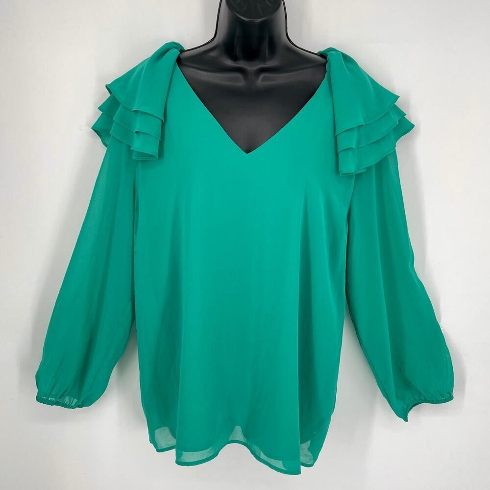 Calvin Klein NEW Chiffon Ruffle Shoulder Blouse Sz L Green V-Neck Sheer Lined